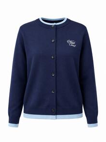 1pc Letter Contrast Color Knit Cardigan With Contrast Trim Front Button Closure, College Back To School Party, Autumn/Winter - Royal Blue - View 2