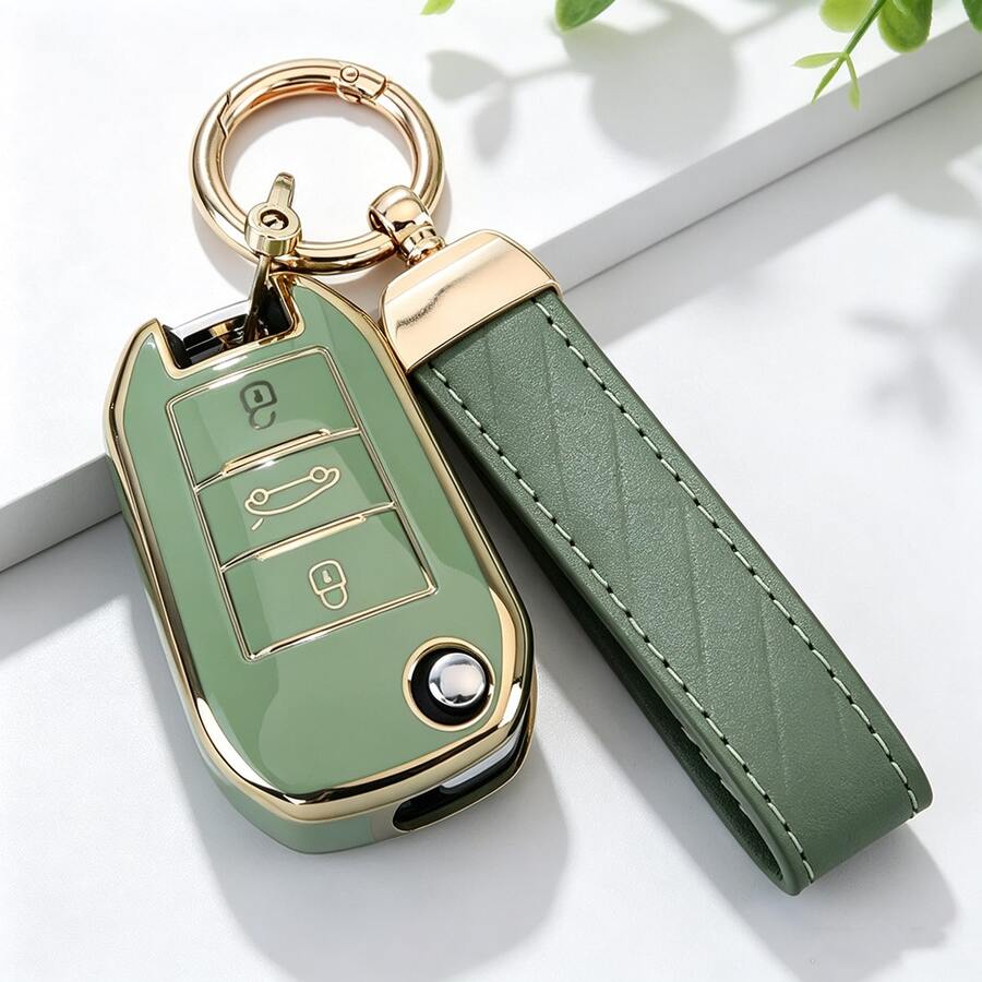 Soft TPU Key Cover, Compatible With Peugeot 3-Button Folding Key, Fits 208, 308, 408, C3 And C4 Models, Shockproof And Dustproof, Elegant High-Quality Key Protector, Suitable For Women - Big Keychain - View 1