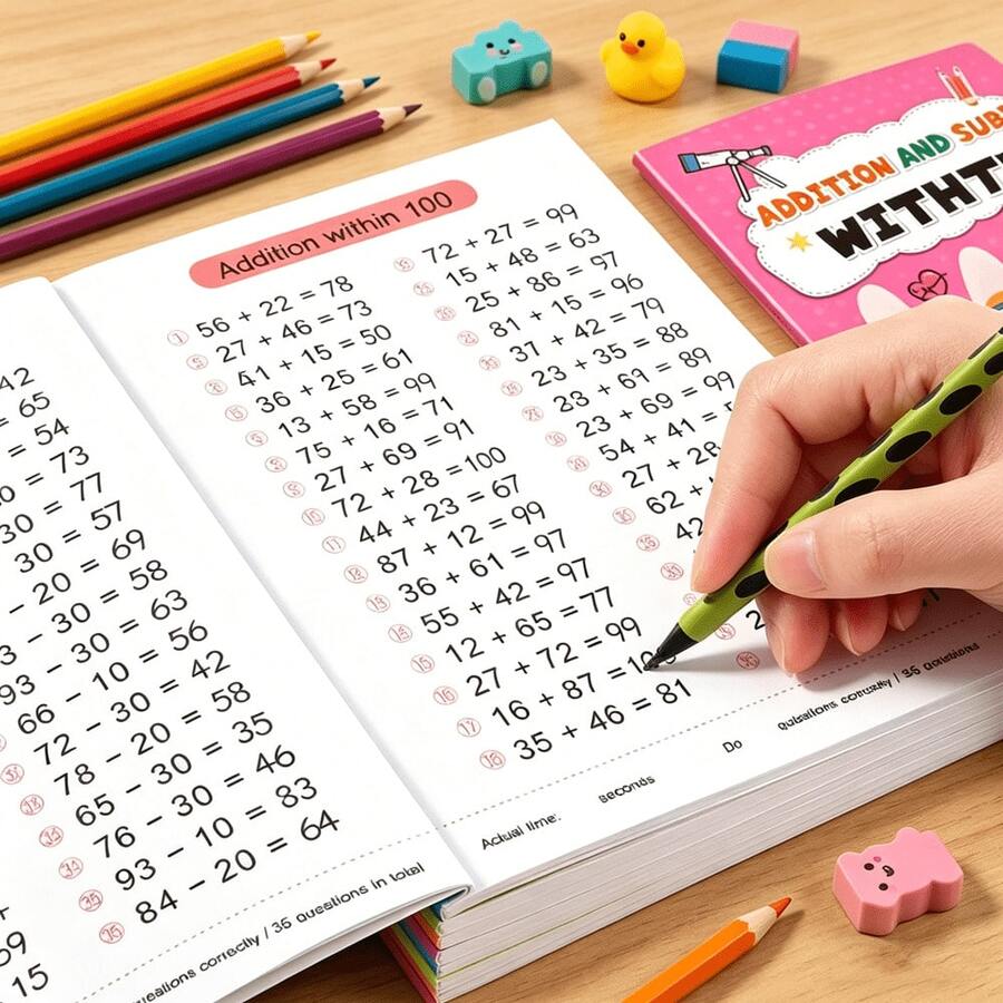 Addition And Subtraction Within 100 Math Workbook, 64‑Page Continuous Addition Arithmetic Practice Book, Kids Mental Calculation Exercise Worksheets, Preschool Early Educational Toy, Children Reading & Writing Learning Supplies - Ginger - View 1