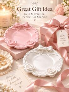 1pc 3D Printed Bow & Rose Jewelry Tray, Cute Ruffled Edge Decorative Storage Dish, Elegant Small Accessories Organizer Box, Suitable For Desk, Vanity, Home Decor - Multicolor - View 7
