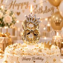 Gold Glitter Number Birthday Candles 0-9, Shiny Number Cake Toppers With Rhinestone Crown And Metal Bow, Elegant Birthday Cake Decoration, Luxury Party Table Decor And Celebration Supplies - View 2