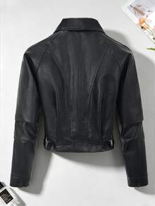 Áo khoác ngắn da PU cổ bẻ cho nữ, phong cách mô tô cổ điển, khóa kéo, dáng ôm slim fit - màu đen - Xem 4