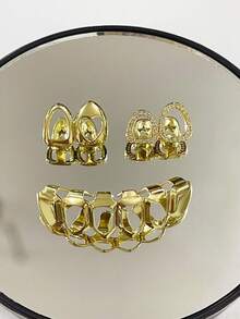 1 Set Grillz Berlian Imitasi Emas Wanita - Desain Berlian Imitasi Mikro Berongga Bintang Terbuka, Cocok untuk Pesta Malam Y2K Baddie dan Pesta Neon - MultiWarna - View 6