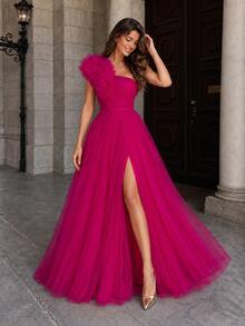 VIPGIRL Fuchsia Hostess Dress, Heavily Beaded, Ethereal, For Banquets, Galas, Runway, Elegant Spring Fall Wedding Party - Hot Pink - View 3