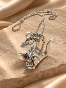 1pc Men's Vintage Dinosaur Pendant Necklace, Retro Animal Chain Necklace, Daily & Party Wear Jewelry - Antique Silver - View 3