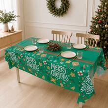 Green Christmas Themed Disposable Tablecloth, Merry Christmas Letter, Gingerbread Man, Gift Box, Candy Cane Print, Rectangular Home Dinner Party Table Decor - View 5