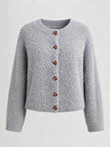 Women's Plush Knit Cardigan, Button-Up, Soft Long Sleeve Sweater, Comfortable And Versatile, Suitable For Winter And Autumn Daily Wear - Grey - View 5