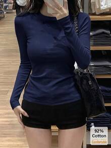 秋季純棉長袖T恤 百搭海軍藍女款修身純色內搭打底衫 - 藏青色 - 查看 1