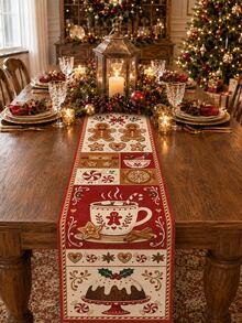 1pc Christmas Table Runner, Gingerbread Man Candy Cane Hot Cocoa Christmas Print Linen Texture Table Runner, Vintage Christmas Holiday Table Decor, Rustic Farmhouse Style Dining Room Kitchen Table Decor, Winter Christmas Home Party Decoration - Multicolor - View 15