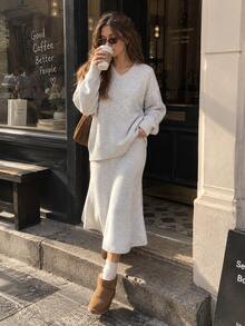 Women's Elegant Light Grey V-Neck Knit Sweater And Midi Skirt Two Pieces Set, Perfect For Casual Fall And Winter Daily Wear With A Comfortable Fit. - Apricot - View 5