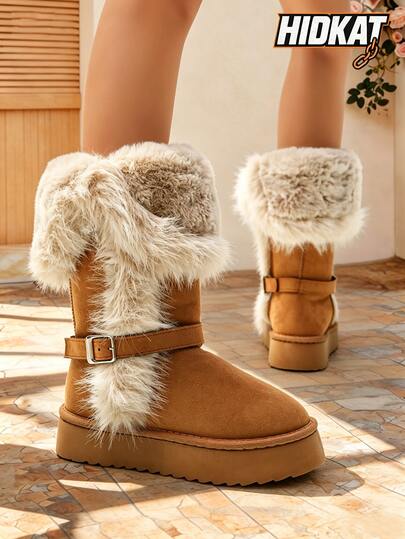 Hidkat Botas de nieve de invierno para mujer talla grande, botas casuales de exterior con forro térmico, plataforma de suela gruesa tipo pan, caña baja y cálidas