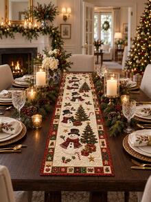 1pc Christmas Snowman Table Runner, Quilted Style Holiday Dining Table Decor, Xmas Tree Gift Pattern Long Table Cover, Farmhouse Christmas Wall Hanging Tapestry, Winter Mantel Cabinet Home Decoration Gift - Multicolor - View 4