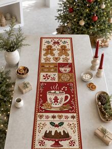 1pc Christmas Table Runner, Gingerbread Man Candy Cane Hot Cocoa Christmas Print Linen Texture Table Runner, Vintage Christmas Holiday Table Decor, Rustic Farmhouse Style Dining Room Kitchen Table Decor, Winter Christmas Home Party Decoration - Multicolor - View 6