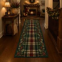 1pc Christmas Plaid Holly Berry Long Rug, Suitable For Entryway, Hallway, Corridor, Living Room, Kitchen, Perfect For Christmas Holiday Home Decor, Made Of Soft Skin-Friendly Plush Fabric, With Non-Slip Backing, Durable And Easy To Clean Floor Rug - Multicolor - View 4