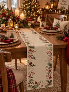 1pc Beige Botanical Christmas Table Runner, Vintage Farmhouse Linen Rectangular Holiday Table Decor With Pine Branches, Red Berries, Holly And Pinecones, Decorative Dining Runner For Christmas Dinner, Winter Gathering And Home Decor - Multicolor - View 5