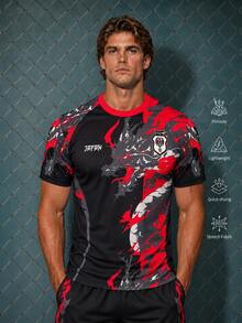 New Japanese Style Autumn Men's Soccer Jersey, Soft Sports Top, Black Dragon Pattern Ink Painting Print - Black - View 11