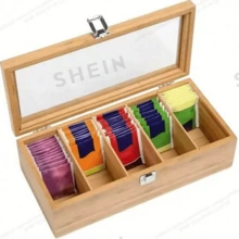 1pc Bamboo Tea Bag Storage Box, - Multi-Compartment Storage Box, Can Store Tea, Coffee And Office Supplies, Natural Wood Grain Finish, Colorful Tea Bag Display Rack, Perfect For Kitchen Or Office Storage, Tea Storage, Organizer Basket, Back To School Essential - Multicolor - View 5