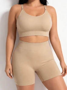Oillpretty 2pcs Plus Size Women Seamless Ribbed Y-Back Adjustable Strap Sports Bra & High Waist Butt Lifting Shorts Fitness Set, Body Shaping Tummy Control Suitable For Gym Yoga Home Casual Halloween Women's Layering Base, Plus Size Bra And Panty Set Women's Underwear - Apricot - View 5