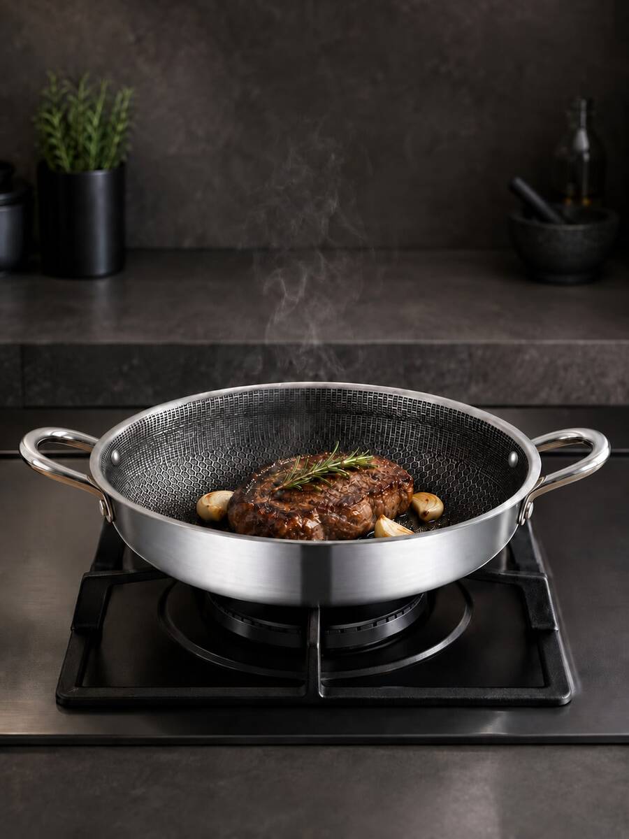 1pc Stainless Steel Honeycomb Frying Pan, Dual Handles, Multi-Functional Flat Bottom Pan, Suitable For Steak, Seafood, Eggs, Vegetables, Stir-Fry And Outdoor BBQ, Durable And Easy To Clean, Suitable For Home Kitchen, Camping, Daily Cooking And Feast - View 1