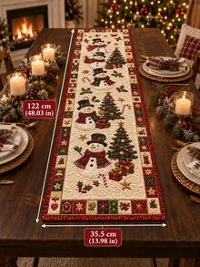 1pc Christmas Snowman Table Runner, Quilted Style Holiday Dining Table Decor, Xmas Tree Gift Pattern Long Table Cover, Farmhouse Christmas Wall Hanging Tapestry, Winter Mantel Cabinet Home Decoration Gift - Multicolor - View 12
