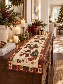 1pc Christmas Snowman Table Runner, Quilted Style Holiday Dining Table Decor, Xmas Tree Gift Pattern Long Table Cover, Farmhouse Christmas Wall Hanging Tapestry, Winter Mantel Cabinet Home Decoration Gift - Multicolor - View 3