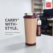 MINISO 水杯咖啡杯，簡約優雅，520ML 不鏽鋼陶瓷咖啡杯，附吸管，旅行杯，便於攜帶，情人節禮物 - 棕色 - 查看 4
