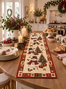 1pc Christmas Snowman Table Runner, Quilted Style Holiday Dining Table Decor, Xmas Tree Gift Pattern Long Table Cover, Farmhouse Christmas Wall Hanging Tapestry, Winter Mantel Cabinet Home Decoration Gift - Multicolor - View 7