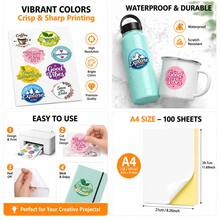 Sticker Paper A4 Printer Paper Printable Glossy 50/100 Sheets For UV/Laser Printer White Sticky Self-Adhesive Labels For Printing Make Your Own Stickers, Arts & Craft - A4 - View 2