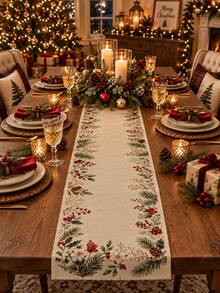 1pc Beige Botanical Christmas Table Runner, Vintage Farmhouse Linen Rectangular Holiday Table Decor With Pine Branches, Red Berries, Holly And Pinecones, Decorative Dining Runner For Christmas Dinner, Winter Gathering And Home Decor - Multicolor - View 4
