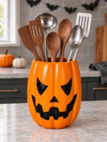 1pc/2pcs Halloween Pumpkin Utensil Organizer, Jack-O'-Lantern Face Countertop Holder For Ladles, Spoons & Spatulas, White/Orange Kitchen Decor - Multicolor - View 3