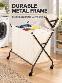 3-Section Rolling Laundry Sorter With Removable Canvas Bag, Durable Metal Frame And 4 Heavy-Duty Wheels, 2 Locking Casters, Compact Clothes Hamper Cart For Laundry Room, Bedroom, Apartment And Dorm, White - View 4