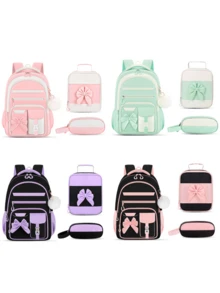 1 Set Cute Bow + Pom Pom Backpack Set, With Handbag + Pencil Case, Large Capacity Multi-Pocket Lightweight School Bag Luggage Strap, Suitable For Various Occasions Campus Backpack Travel Backpack Back To School Gift - A - View 8