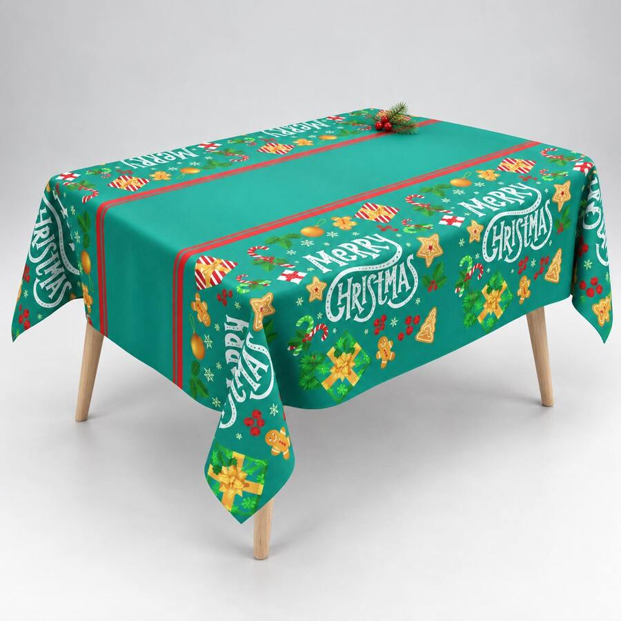 Green Christmas Themed Disposable Tablecloth, Merry Christmas Letter, Gingerbread Man, Gift Box, Candy Cane Print, Rectangular Home Dinner Party Table Decor