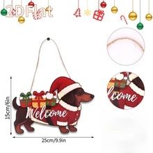 2D Flat Design, 1 Wooden Christmas Dachshund Welcome Sign, Creative Holiday Door Decoration, Suitable For Home/Shop Christmas Scene Setup, Vintage-Style Holiday Ornament. - A - View 5