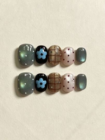 10pcs Handmade Press-On Nails, Short Square Shape, Green Cat Eye, Blue 3D Flower, Gold Plaid, Nude Pink Polka Dot, Autumn/Winter Academic Style Cute Full Coverage Reusable Fake Nails For Women's Daily Manicure
