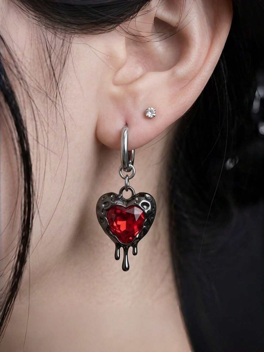 Gothic Red Rhinestone "Melting Heart" Earrings - Y2K Punk Liquid Metal "Bleeding Heart" Dangle Earrings, Halloween Jewelry Gift - Red - View 1