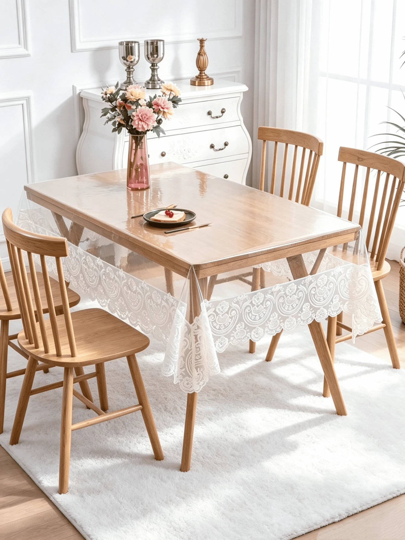 1pc Rectangular Transparent PVC Tablecloth, Floral Embroidered Lace Trim, Waterproof Oil-Proof Easy To Clean Table Cover, Suitable For Dining Table, Home And Kitchen Decor - White - View 1