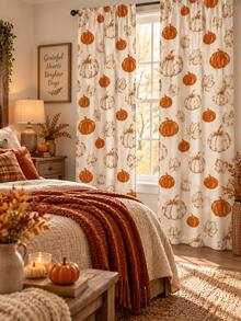 2 Panels Rustic Fall Curtains, Orange White Pumpkin And Maple Leaf Print Window Drapes For Bedroom Living Room Farmhouse Thanksgiving Harvest Decor - B - View 2