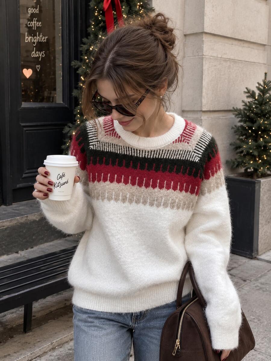 Women's White Long-Sleeved Pullover Sweater, Regular Length With Moderate Elasticity, Festive Christmas Style, Suitable For Autumn And Winter Wear - Multicolor - View 1