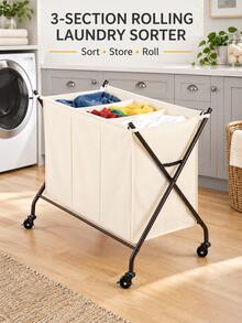 3-Section Rolling Laundry Sorter With Removable Canvas Bag, Durable Metal Frame And 4 Heavy-Duty Wheels, 2 Locking Casters, Compact Clothes Hamper Cart For Laundry Room, Bedroom, Apartment And Dorm, White - View 3