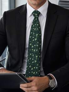 1pc Green Floral Polyester Woven Men's Tie, Classic Wedding Holiday Accessory, Casual Matching Holiday Gift Tie - Green - View 1