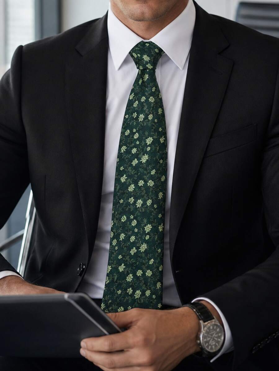 1pc Green Floral Polyester Woven Men's Tie, Classic Wedding Holiday Accessory, Casual Matching Holiday Gift Tie - Green - View 1