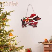 2D Flat Design, 1 Wooden Christmas Dachshund Welcome Sign, Creative Holiday Door Decoration, Suitable For Home/Shop Christmas Scene Setup, Vintage-Style Holiday Ornament. - A - View 2