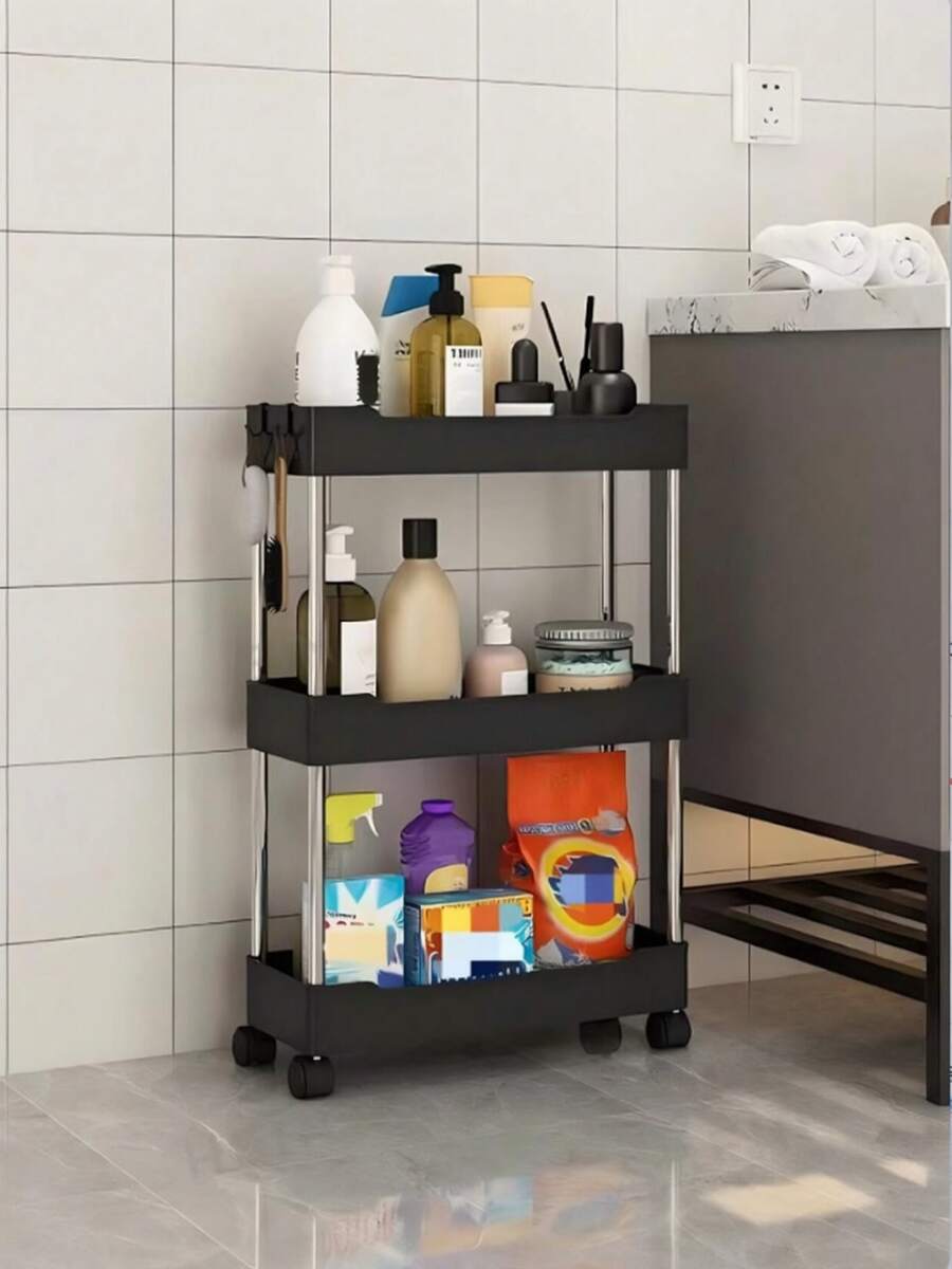 1 Black Small Trolley Storage Rack, Floor-Standing, Multi-Layer Design, Layered Storage Rack, Small Trolley Storage Rack, Home Bathroom Decoration, Bathroom Storage And Organization Rack, Autumn Decoration, Back To School Decoration - Multicolor - View 1
