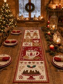 1pc Christmas Table Runner, Gingerbread Man Candy Cane Hot Cocoa Christmas Print Linen Texture Table Runner, Vintage Christmas Holiday Table Decor, Rustic Farmhouse Style Dining Room Kitchen Table Decor, Winter Christmas Home Party Decoration - Multicolor - View 7
