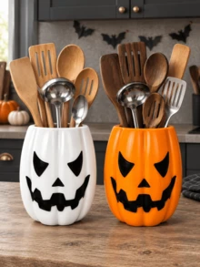 1pc/2pcs Halloween Pumpkin Utensil Organizer, Jack-O'-Lantern Face Countertop Holder For Ladles, Spoons & Spatulas, White/Orange Kitchen Decor - Multicolor - View 2