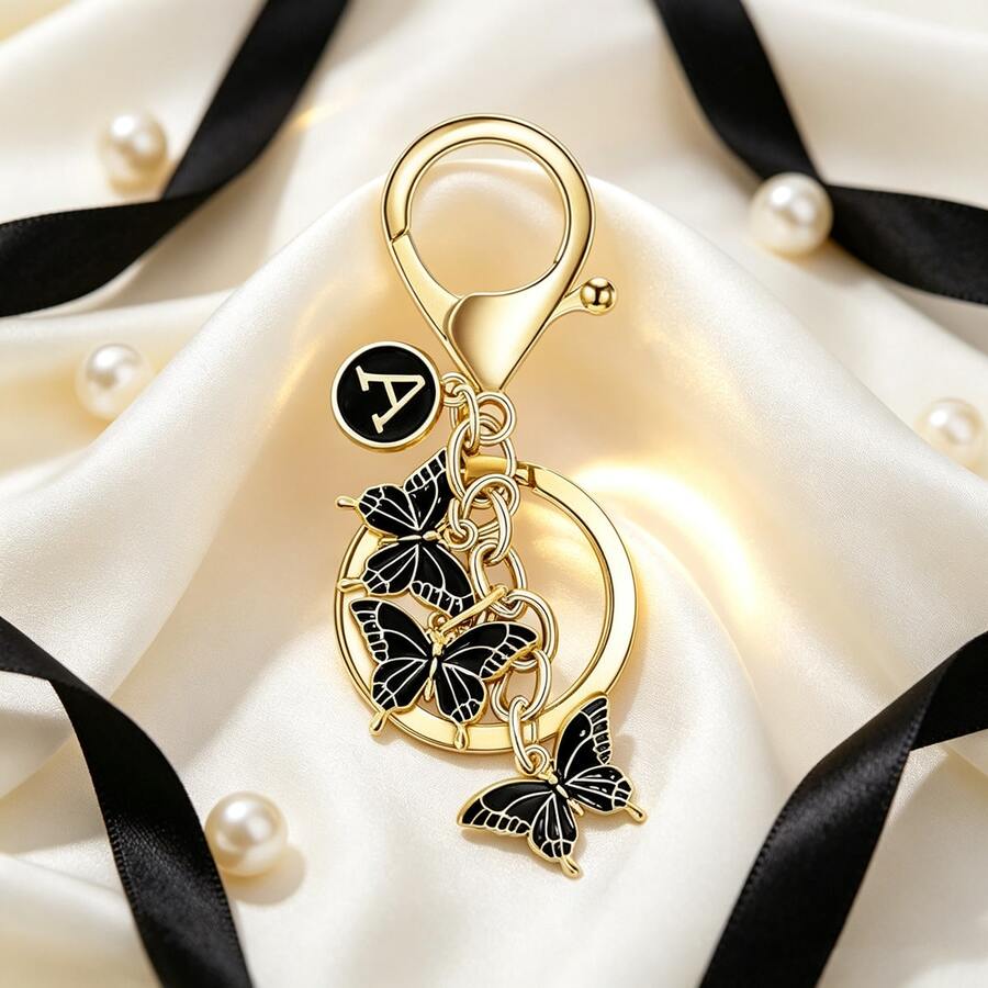 1pc Butterfly Letter Elegant Iron Alloy Keychain Pendant Accessory Winter Pink Black 26 English Letters - Black - View 1