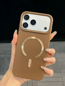 Textured Plain Phone Cover With Golden Metal Ornament, Shock‑Resistant Protective Cover, Ideal Present For Friends Mom Bestie, For Apple12 Pro Max,13 Pro Max,14 Pro Max,15,16 Pro Max,17 Pro Max,18Pro Max - Brown - View 6