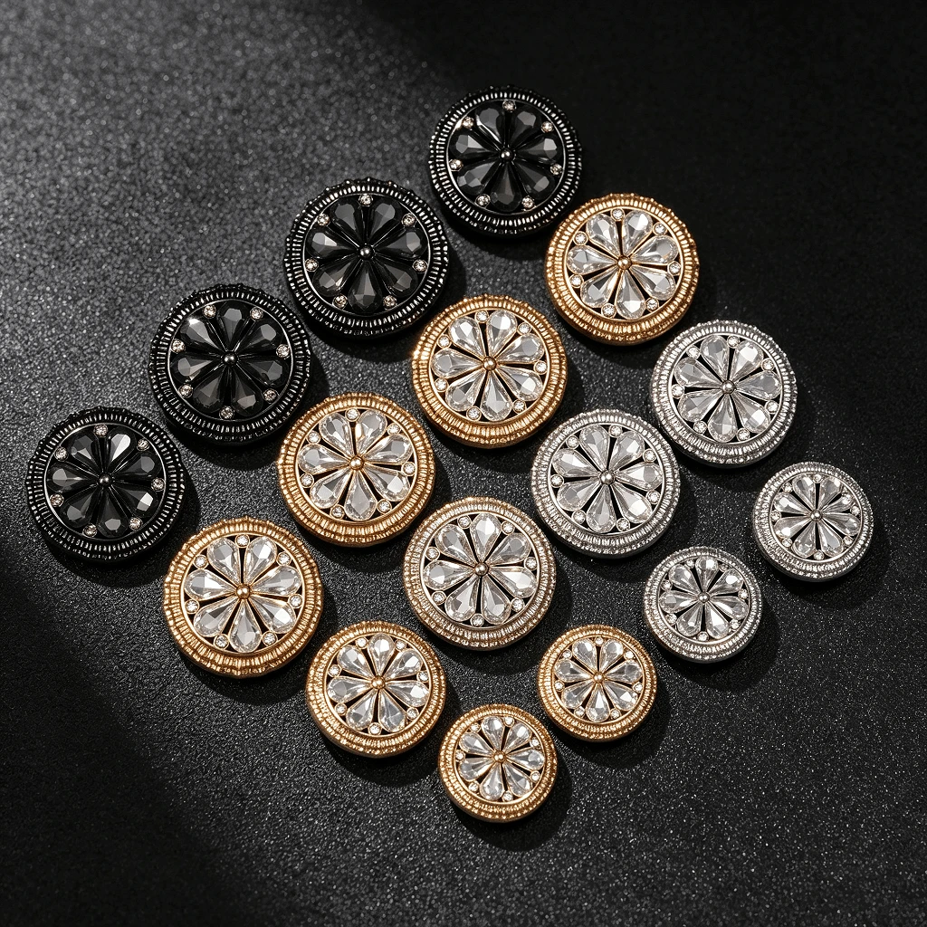 5pcs/Pack Flower Rhinestone Metal Buttons Round Crystal Hand Sewn Buttons For Coats Suits Sweaters Dresses DIY Clothing Accessories
