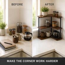 Maximize Your Unused Corner Space With This 3-Tier L-Shaped Storage Rack. Equal-Length Arms Naturally Fit 90° Corners, And 3-Tier Open Walnut-Toned Shelves Increase Vertical Storage Space Without Obstructing Surrounding Areas. The Slim Black Iron Frame Creates A Light And Modern Appearance, With Rounded Outer Edges Softening The Overall Look. Perfect For Kitchen Countertop Storage Of Spices And Mugs - Multicolor - View 8